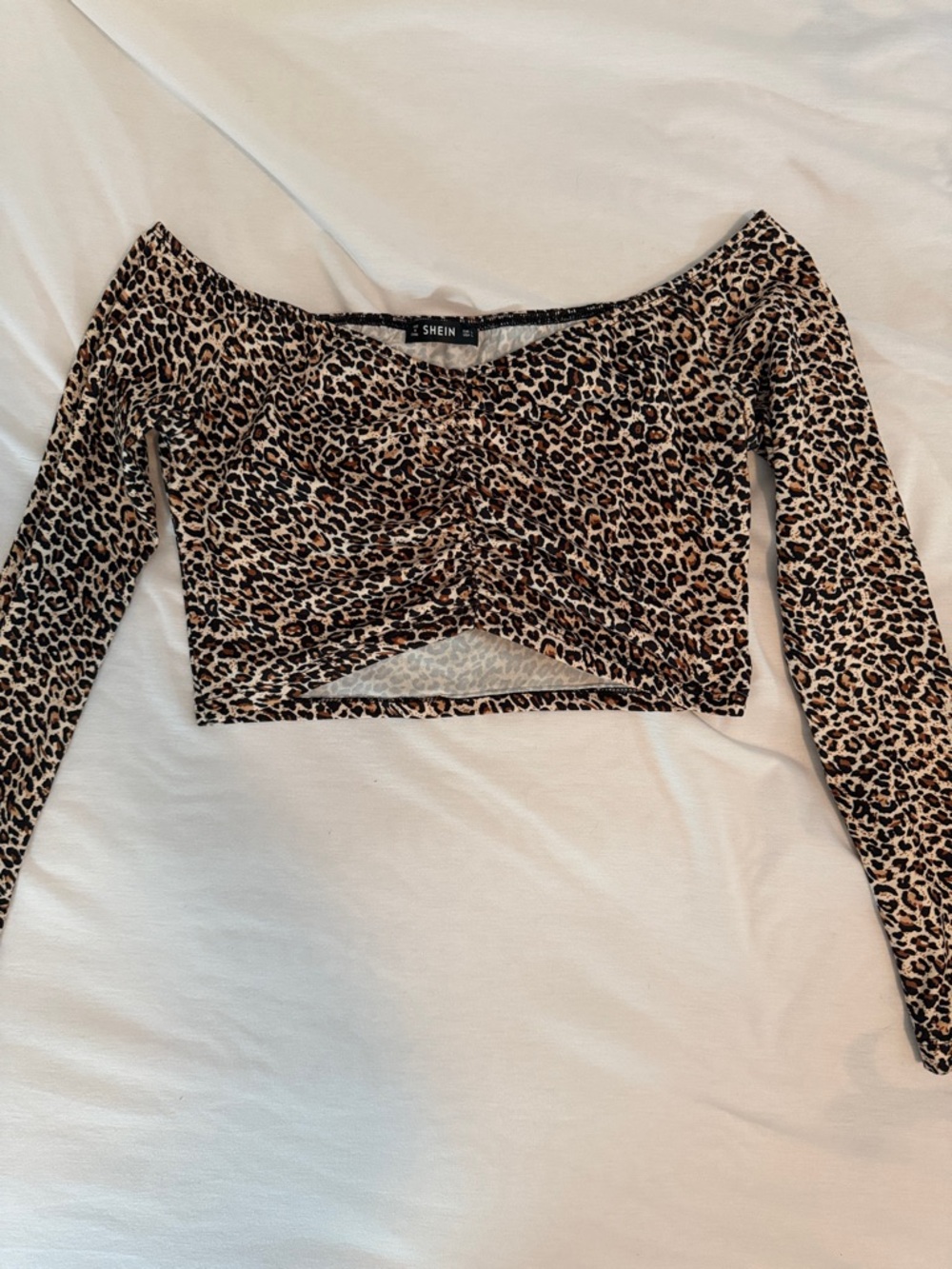 SHEIN Leopard Print Off-Shoulder Ruched Crop Top - Brown/Black